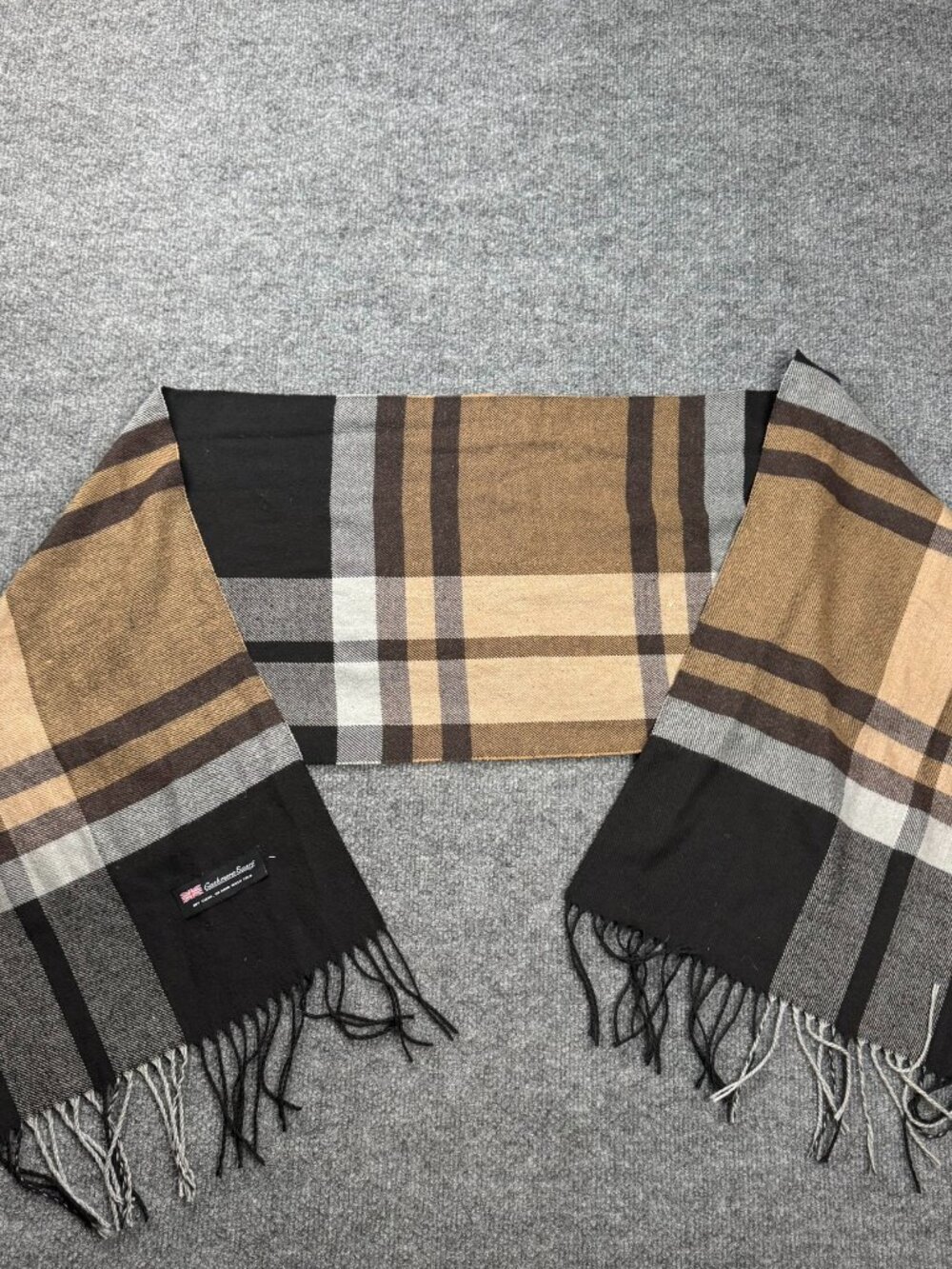 Unisex Cashmere Scarf Plaid Pattern Tan Black Grey Fringe Detail